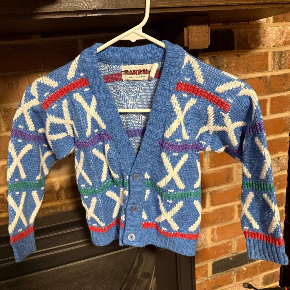 Vintage Barrel Blue Knit Cardigan w/ Red and White Pattern Sz 6 Grandmacore 90s